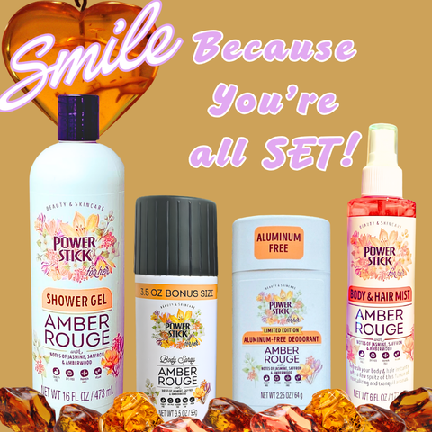 Power Stick Sets - AMBER ROUGE Scented Shower Gel, Deodorant, Body Spray & Body and Hair Mist