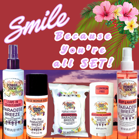 Power Stick Sets - PARADISE BREEZE Conditioner Spray, Body Spray, Wipes, Deodorant & Body and Hair Mist