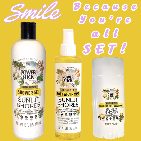 Power Stick Sets - SUNLIT SHORES Shower Gel, Solid Deodorant & Body and Hair Mist - VIRAL ITEM!