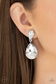 Paparazzi "Aim For The Megastars" Silver Metal White Rhinestone Teardrop Clip-On Earrings