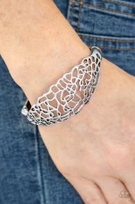 Paparazzi " Airy Asymmetry " Silver Metal & Air Filigree Stenciled Hinged Bracelet