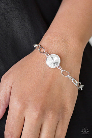 " All Aglitter " Silver Metal White Round Rhinestone Toggle Clasp Bracelet