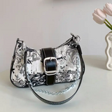 Baguette Handbag BLACK/WHITE Floral Design Double Strap Chain/Buckle Detail Stitch Decor Bag