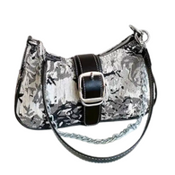 Baguette Handbag BLACK/WHITE Floral Design Double Strap Chain/Buckle Detail Stitch Decor Bag