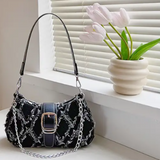 Baguette Handbag BLACK Frayed Edge Triangle Design Chain/Buckle Detail Stitch Decor Bag