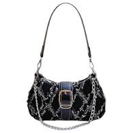 Baguette Handbag BLACK Frayed Edge Triangle Design Chain/Buckle Detail Stitch Decor Bag