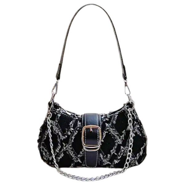 Baguette Handbag BLACK Frayed Edge Triangle Design Chain/Buckle Detail Stitch Decor Bag