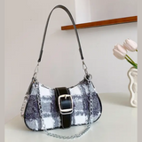 Baguette Handbag BLACK/WHITE Plaid Frayed Edge Design Double Strap Chain/Buckle Detail Decor Stitch