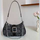 Baguette Handbag BLACK Frayed Edge Square Double Strap Design Chain/Buckle Detail Stitch Decor Bag