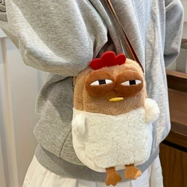 SILLY Soft & Fluffy White & Brown Chicken/Rooster Crossbody Bag with Goofy Eyes