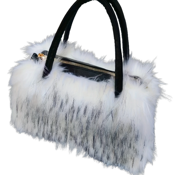 Funky White & Black Tipped Fluffy Long Faux Fur Handbag and Crossbody