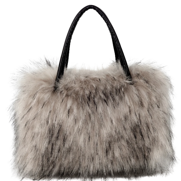 Funky Light Gray & Black Tipped Fluffy Long Faux Fur Handbag