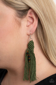 "Beach Bash" Dark Green Yarn & Wooden Black Beaded Macramé Earrings