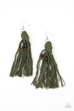 "Beach Bash" Dark Green Yarn & Wooden Black Beaded Macramé Earrings