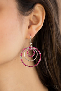 "Bodaciously Bubbly" Silver Metal & Pink Rhinestone Triple Hoop Earrings