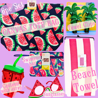6pc WATERMELON Beach Tote Package -Towel-Towel Clips-Sunglasses-Swimsuit bag- Strap Canteen