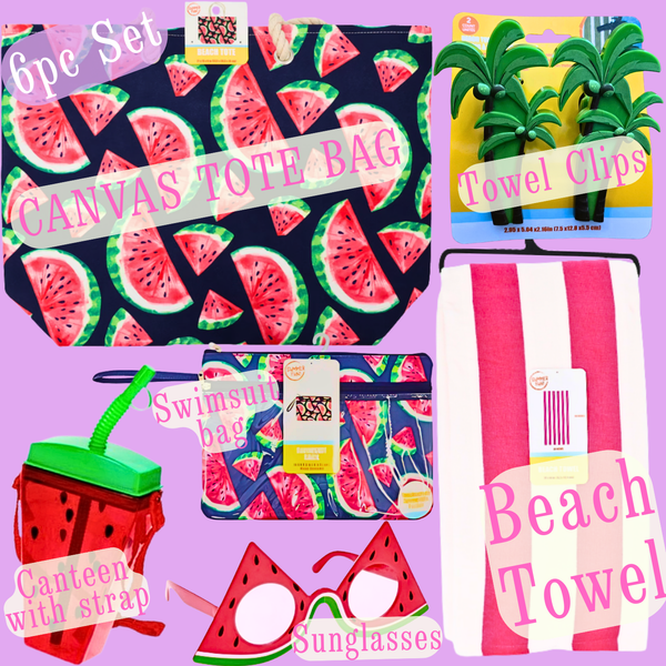 6pc WATERMELON Beach Tote Package -Towel-Towel Clips-Sunglasses-Swimsuit bag- Strap Canteen