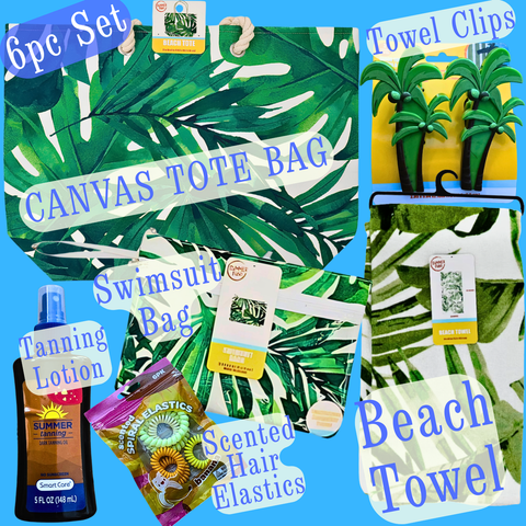 6pc Palm Fronds/Leaf's Beach Tote Package -Towel-Towel Clips-Tan Lotion-Swimsuit bag-Hair Elastics