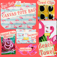 6pc FLAMINGOS Beach Tote Package -Towel-Towel Clips-Sunglasses-Swimsuit bag-Hair Elastics