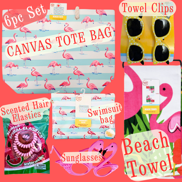 6pc FLAMINGOS Beach Tote Package -Towel-Towel Clips-Sunglasses-Swimsuit bag-Hair Elastics