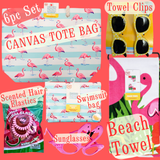 6pc FLAMINGOS Beach Tote Package -Towel-Towel Clips-Sunglasses-Swimsuit bag-Hair Elastics