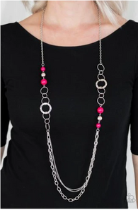 "Modern Motley" Silver Metal & Pink Bead Long Necklace Set