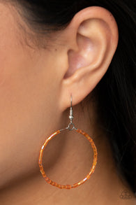 "Colorfully Curvy" Silver Metal & Orange Seed Bead Wire Hoop Earrings