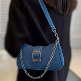 Baguette Handbag DARK BLUE Denim Design Double Strap Chain/Buckle Detail Stitch Decor Bag