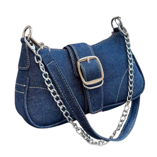 Baguette Handbag DARK BLUE Denim Design Double Strap Chain/Buckle Detail Stitch Decor Bag