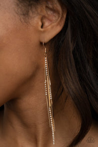 Paparazzi " Dainty Dynamism " Gold Metal & White Rhinestone Long/Thin Dainty Earrings