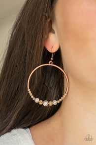 "Dancing Radiance" Copper Metal Moonstone & Rhinestone Hoop Earrings