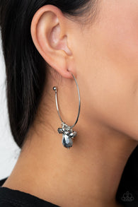 Paparazzi " Dazzling Downpour " Silver Metal & Hematite Rhinestone Hoop Earrings