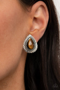 Paparazzi " Dessert Glow " Silver Metal & Brown Tiger's Eye Stone Clip-On Earrings