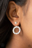 Paparazzi " Diamond Halo " Silver Metal Clear Round Rhinestone Circle Ear Jacket Earrings