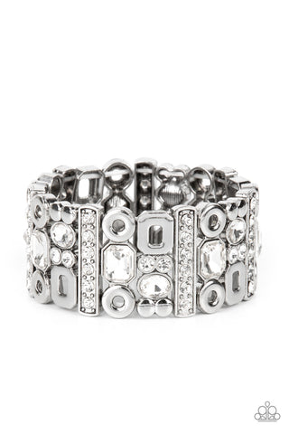 "Dynamically Diverse" Silver Metal Hematite & White Rhinestone Geometric Stretch Bracelet