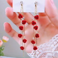 A Long & Sassy Pair of Zircon & Multi Red Rose Flowered Multi Tassel Earrings