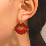 A Steamy Red-Hot Pair of Metallic Red Pair of Lips in a Gold Metal Fishhook Earring