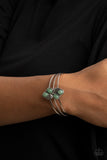 " Eco Enthusiast " Silver Metal Green Jade Like Stone Cuff Bracelet