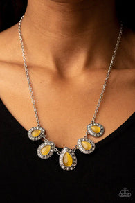 "Everlasting Enchantment" Silver Metal & Yellow Cat's Eye Halo Teardrop Necklace Set