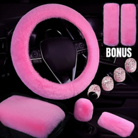 PINK- 6 Piece Extra Plush Car Accessories Set with ****BONUS Pink Rhinestone Bling Tire Valve****