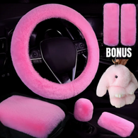 PINK- 6 Piece Extra Plush Car Accessories Set with ****BONUS Pink Plush Bunny Rabbit Keychain****