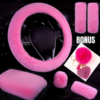 PINK- 6 Piece Extra Plush Car Accessories Set with ****BONUS Pink Heart/Pom pom Keychains****