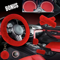 RED - 8 Piece Extra Plush Car Accessories Set with **BONUS 2 Red Rhinestone Car Coasters**