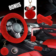 RED - 8 Piece Extra Plush Car Accessories Set with ** BONUS Red Minnie Mouse Pom Pom Keychain **