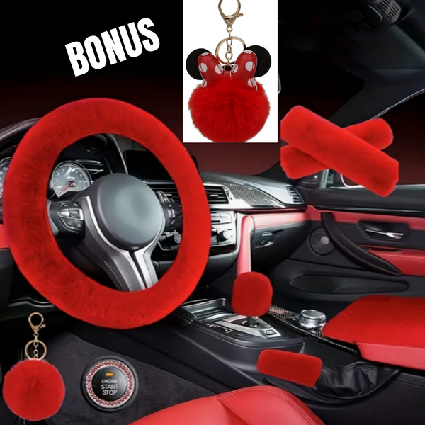 RED - 8 Piece Extra Plush Car Accessories Set with ** BONUS Red Minnie Mouse Pom Pom Keychain **