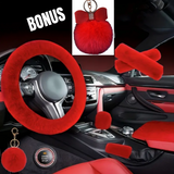 RED - 8 Piece Extra Plush Car Accessories Set with ** BONUS Red Pom Pom Rhinestone Keychain **