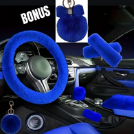 BLUE - 8 Piece Extra Plush Car Accessories Set with **BONUS Blue Pom pom & Rhinestone Bow Keychain**