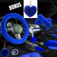 BLUE - 8 Piece Extra Plush Car Accessories Set with ** BONUS Blue Fluffy Heart Keychain **