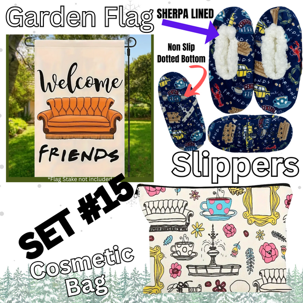 SET #15 THE "F*R*I*E*N*D*S COLLECTION" - COSMETIC BAG, FLAG & BLUE SLIPPERS