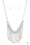 "Flaunt Your Fringe" Silver Metal & White/Clear Rhinestone Fringe Necklace Set